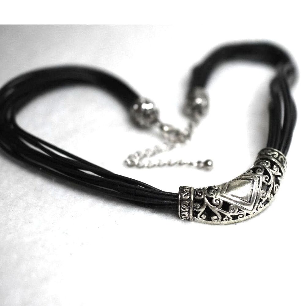 Artistic Silver Tone Etched Metal Black Cord Choker 16" Grunge Goth Necklace